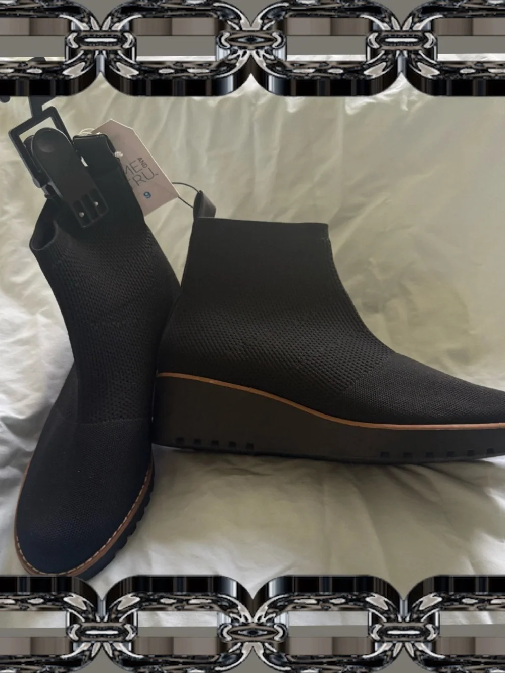 Time and Tru Black Knit Wedge Ankle Booties with Tan Trim